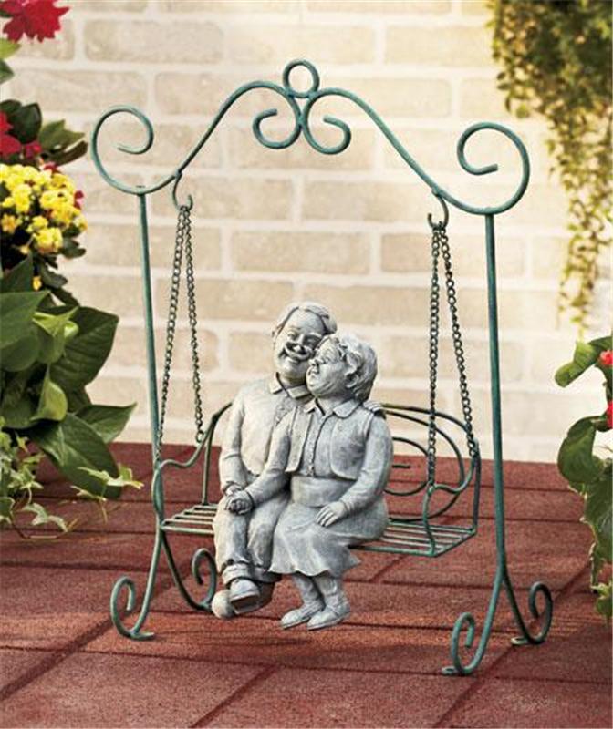ROMANTIC SWEET COUPLE GARDEN STATUE LAWN SCULPTURE ON GARDEN SWING2