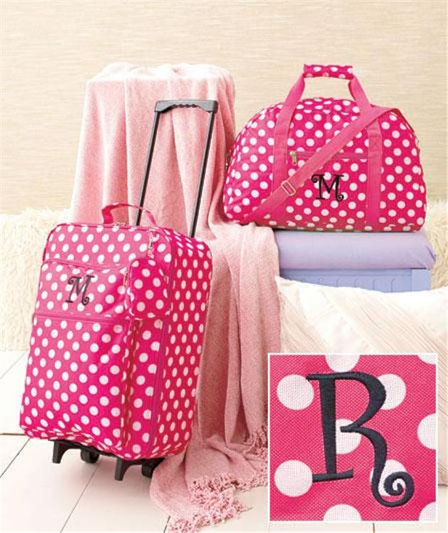 3PC GIRLS MONOGRAM PINK POLKA DOT DESIGN TRAVEL SUITCASE LUGGAGE SET