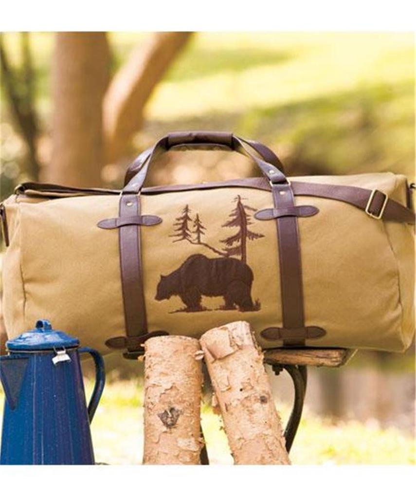 EMBROIDERED OUTDOORSMAN FISHING HUNTING CAMPING CANVAS DUFFEL BAG BEAR