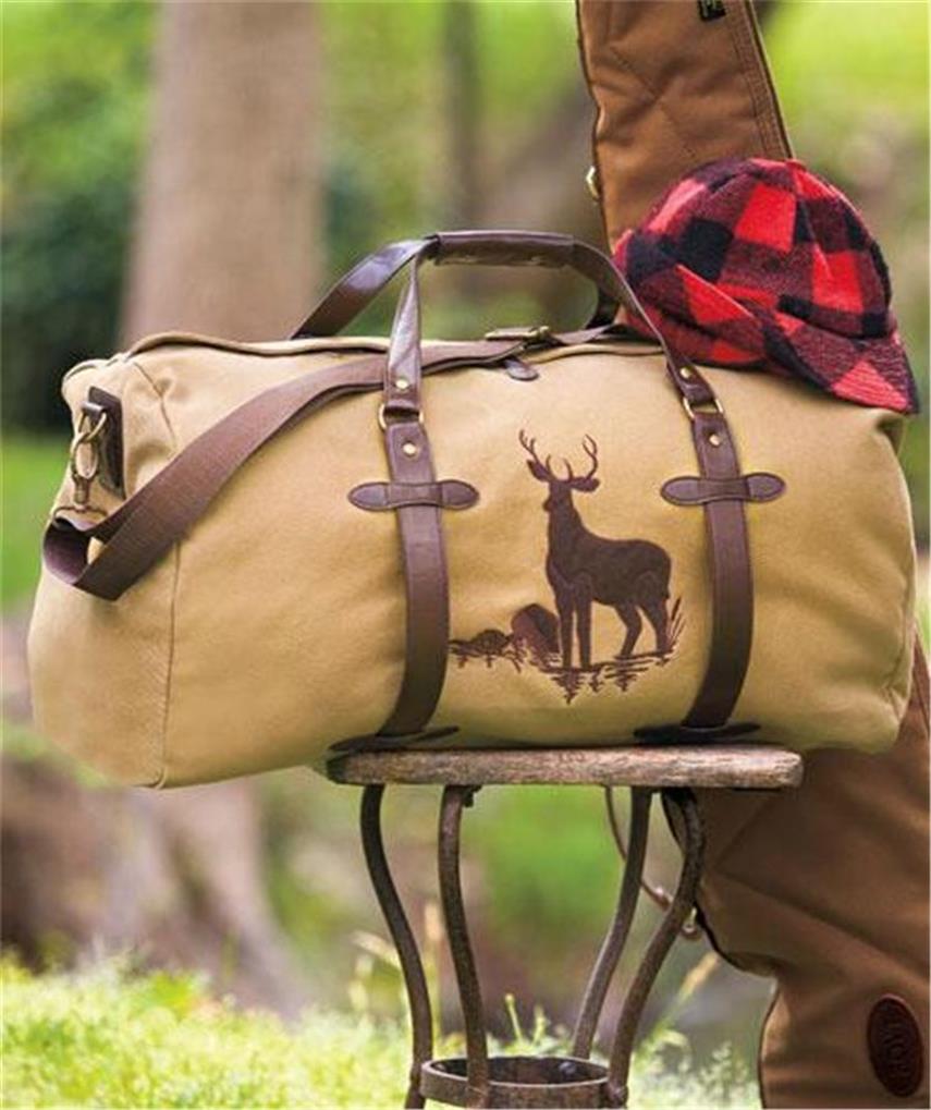 EMBROIDERED OUTDOORSMAN FISHING HUNTING CAMPING CANVAS DUFFEL BAG BEAR