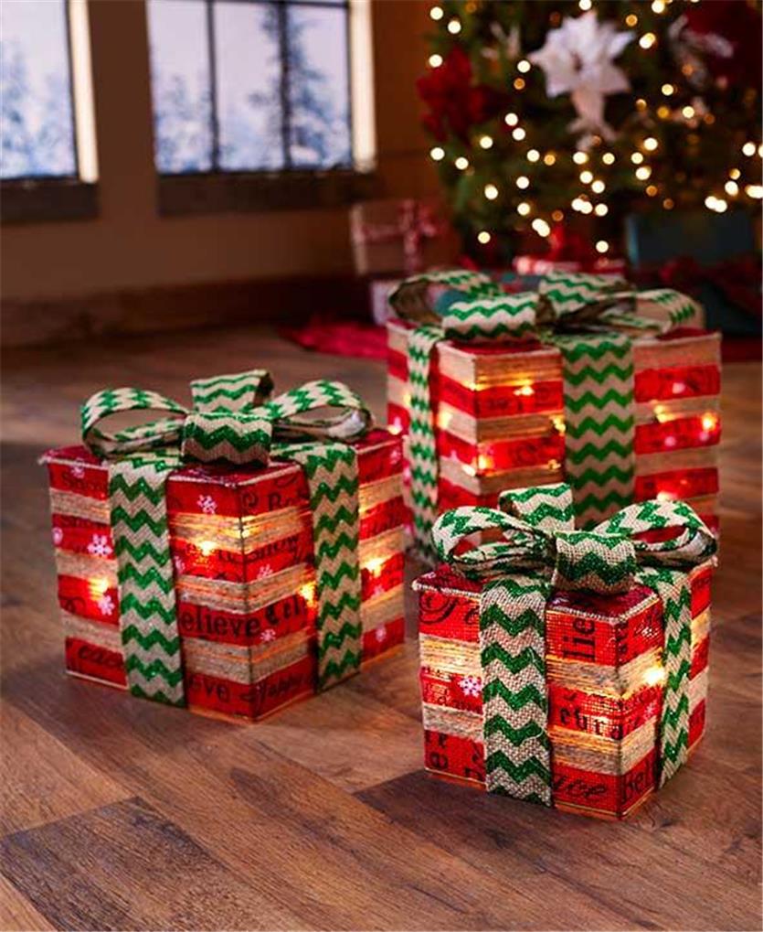 SET OF 3 LIGHTED CHRISTMAS GIFT BOX HOLIDAY DECOR DRAMATIC ACCENT 