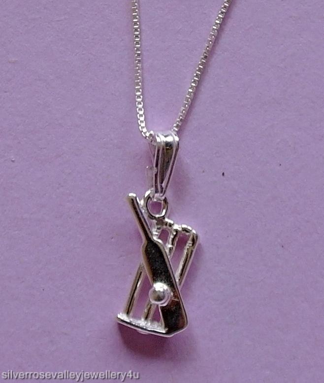 Cricket Bat Ball & Stumps Necklace Pendant & Chain STERLING SILVER 925