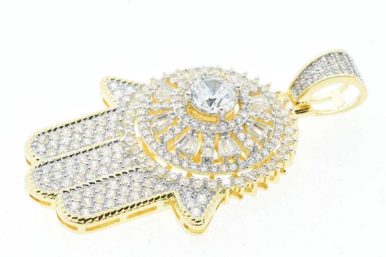 Hip Hop 14K Gold Plated Spinning Religious Hamsa Hand Flashy Ice with Rope Chain