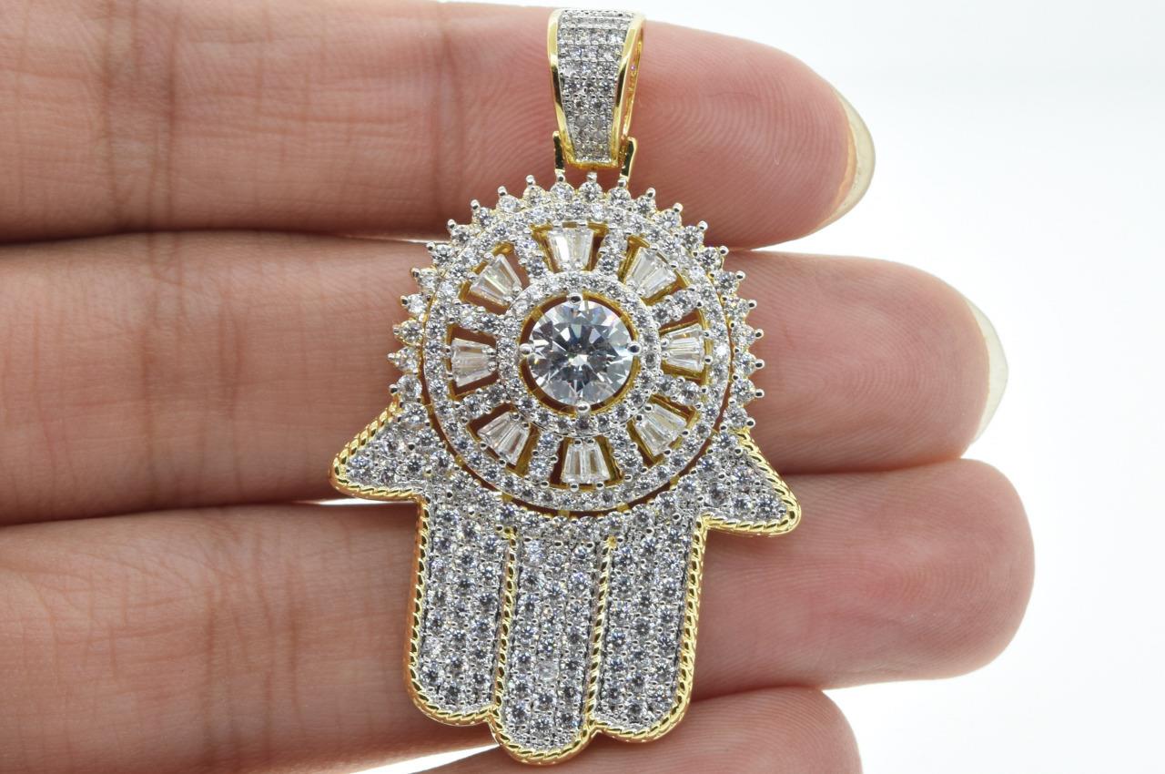 Hip Hop 14K Gold Plated Spinning Religious Hamsa Hand Flashy Ice with Rope Chain