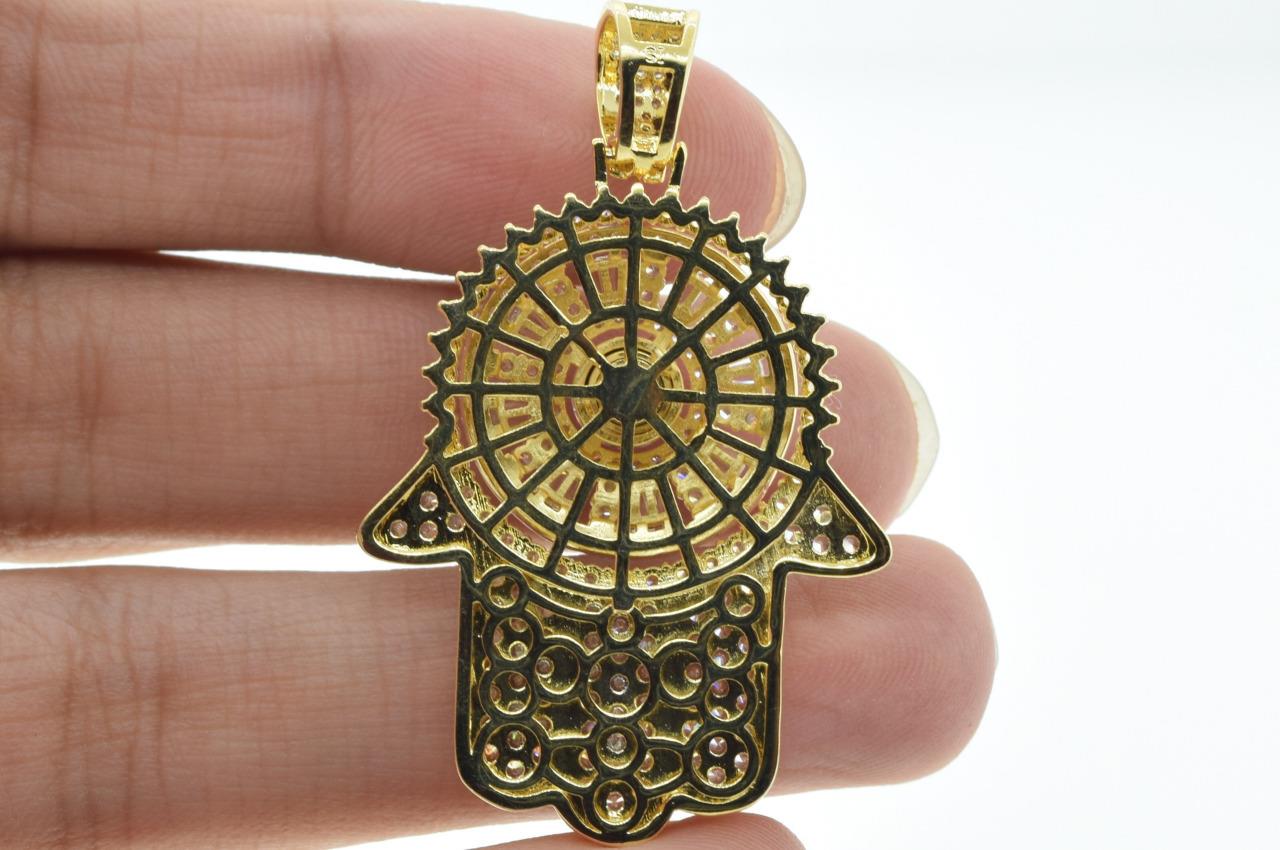 Hip Hop 14K Gold Plated Spinning Religious Hamsa Hand Flashy Ice with Rope Chain