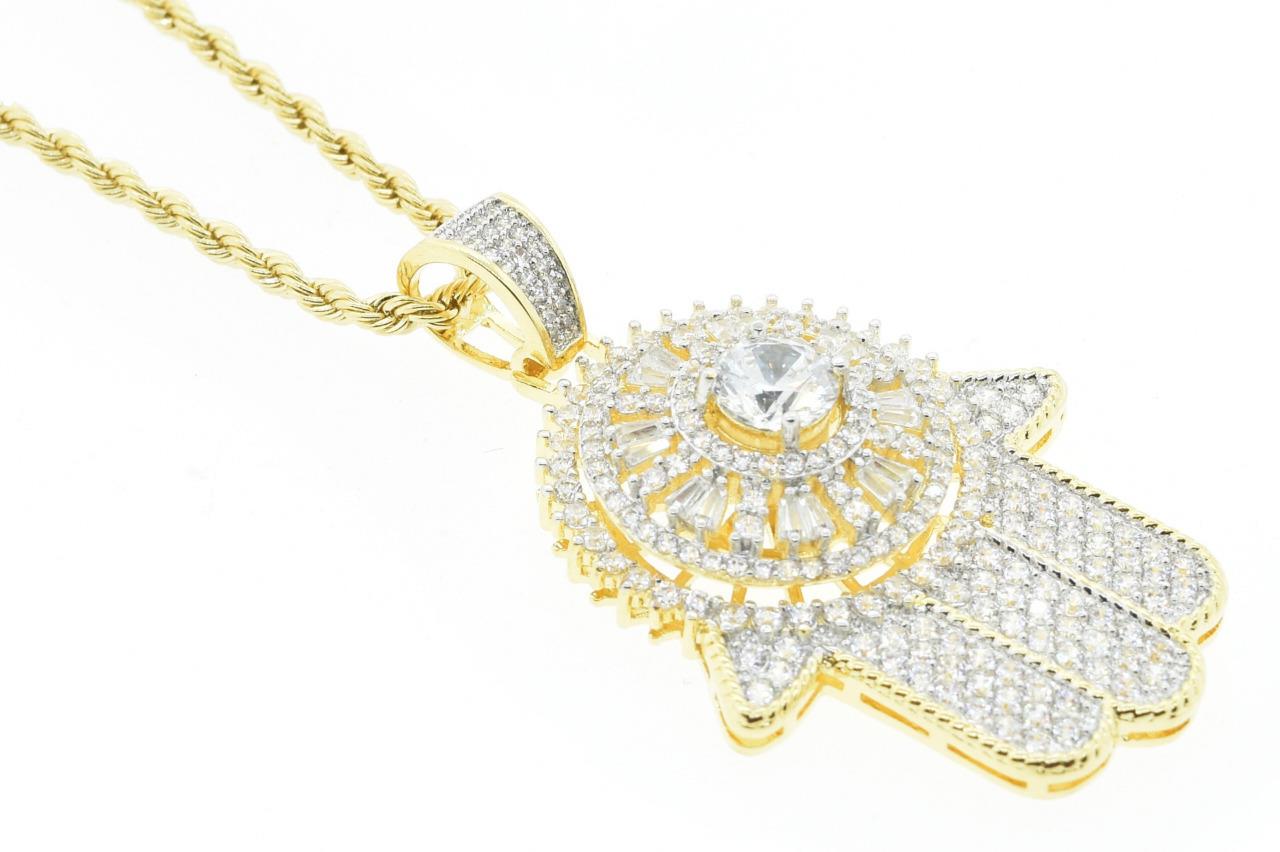 Hip Hop 14K Gold Plated Spinning Religious Hamsa Hand Flashy Ice with Rope Chain