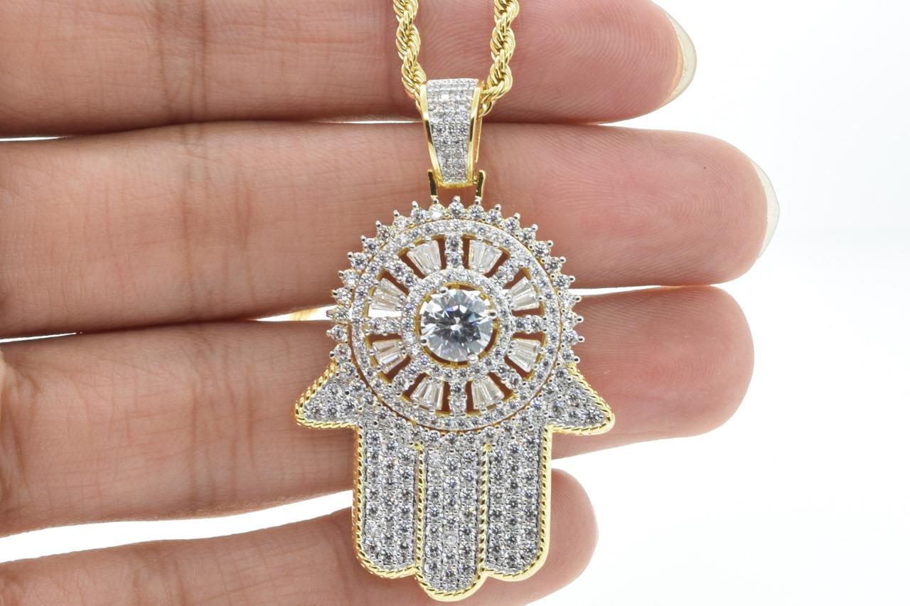 Hip Hop 14K Gold Plated Spinning Religious Hamsa Hand Flashy Ice with Rope Chain