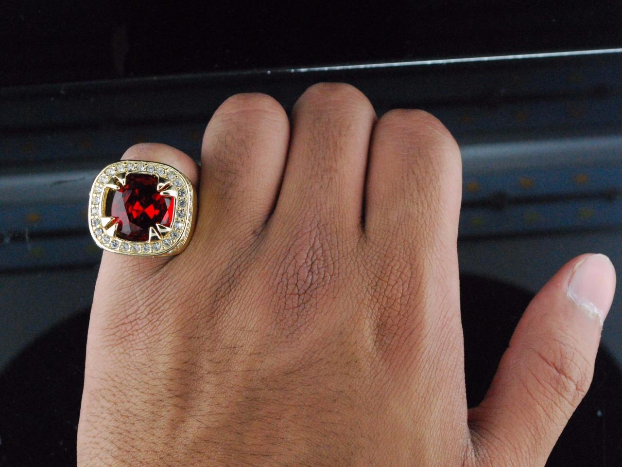 Mens Brass Yellow Gold Finish Ruby Gem Stone Simulated Diamond Band