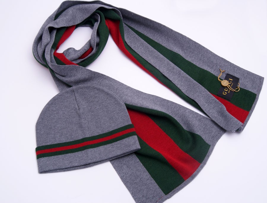 Gucci beanie HAT AND SCARF SET WOOL GRAY GREEN RED 68" x 10"