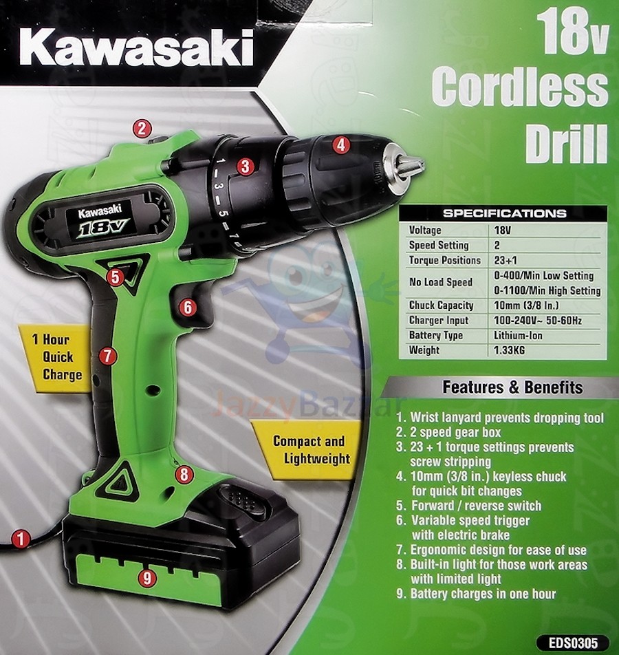 Kawasaki 18v Cordless Drill Lithium Ion Rechargeable Battery LED Light