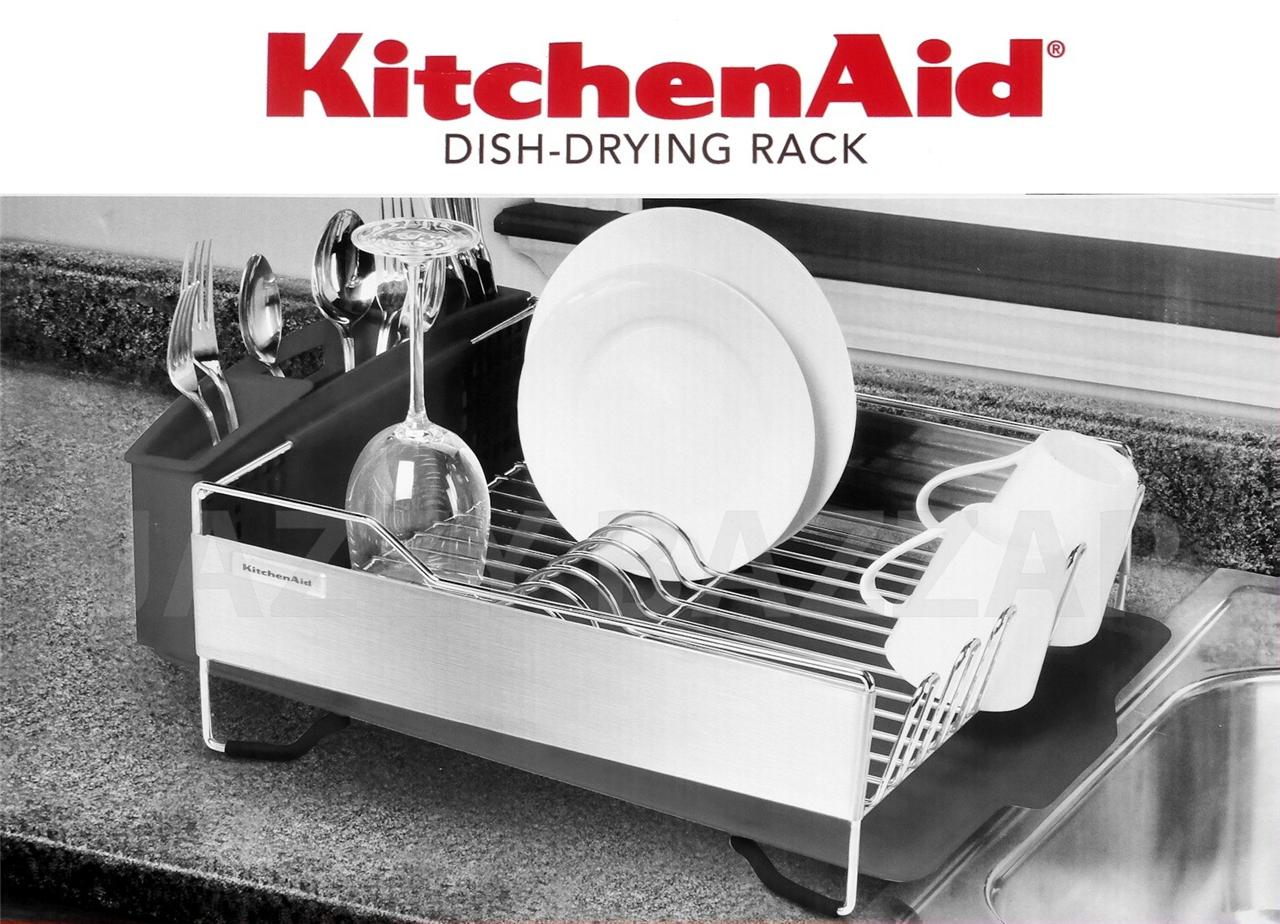 3Pc Kitchen Aid Black Stainless Steel Dish Drying Rack Cutlery Drainer Tray NEW eBay