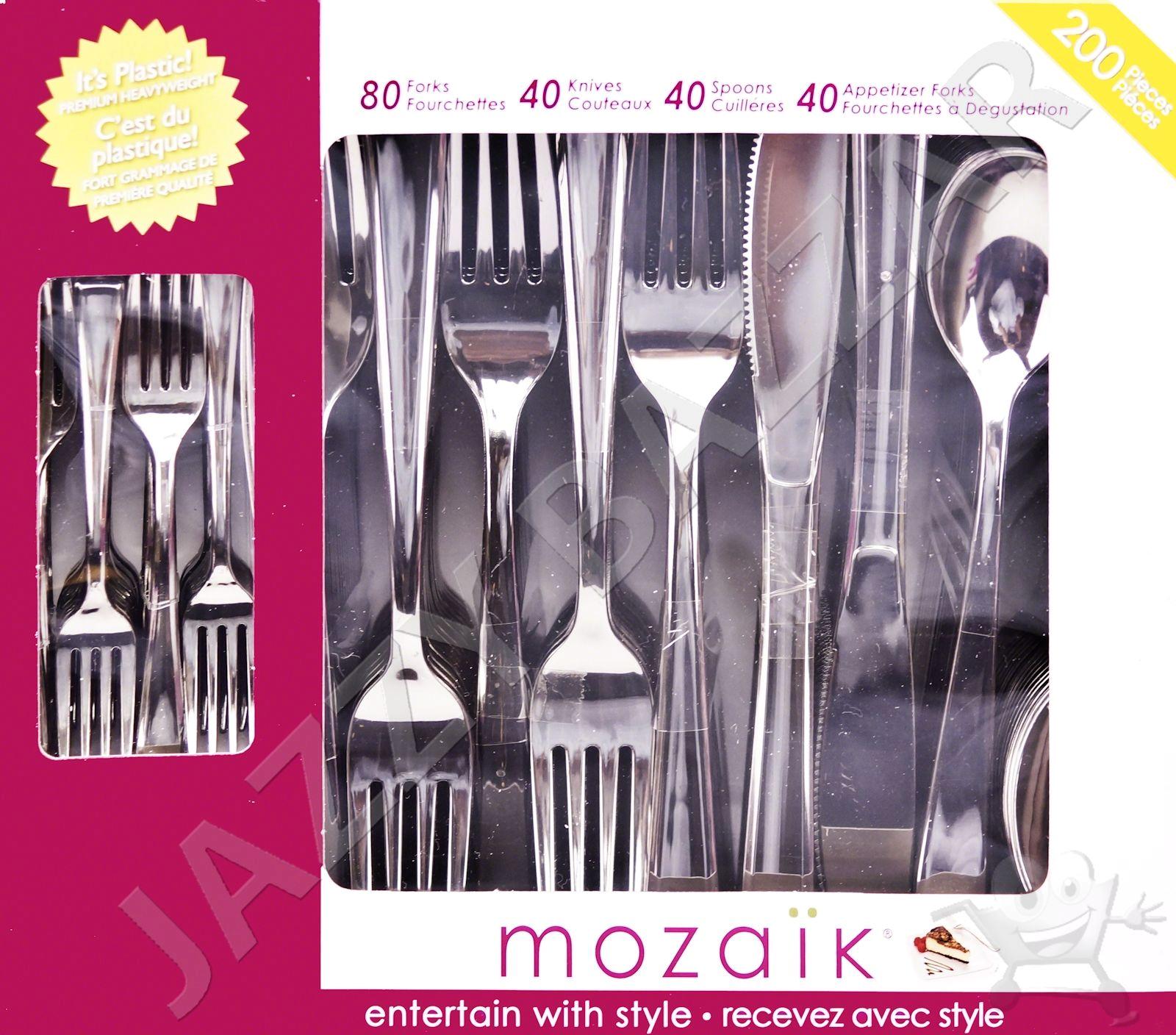 200 Disposable Plastic Cutlery Mozaik Silverware Silver Look Forks