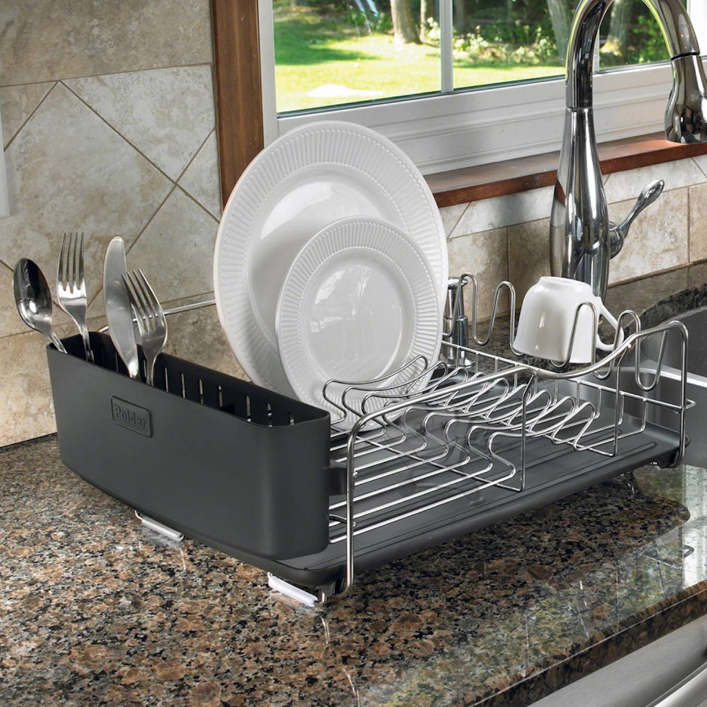 3Pc Kitchen Aid Black Stainless Steel Dish Drying Rack Cutlery Drainer Stainless Steel Dish Rack With Drainer Tray