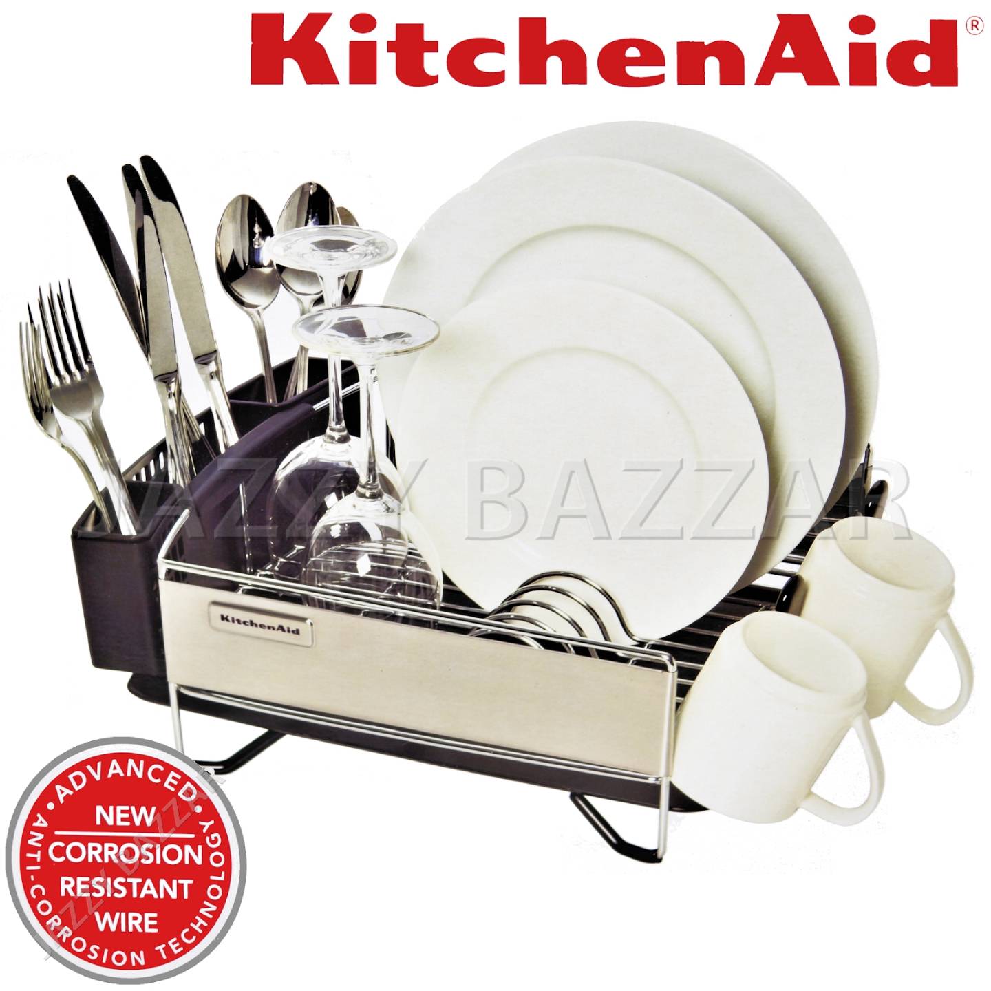 3pc Kitchen Aid Black Stainless Steel Dish Drying Rack Cutlery Drainer