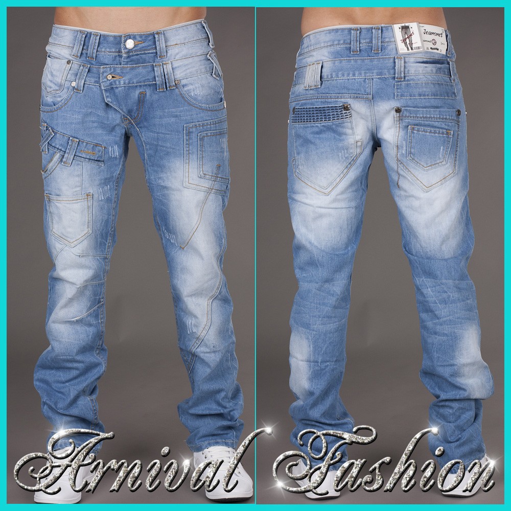 These stretch New London jeans have 5 pockets, a zip fly and a slim fit. Leather label has bled into the waistband - evident both sides of the waistband. The inseam is from bottom of jeans to where the inseam intersects the rise seam.