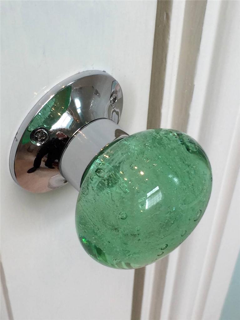 BEAUTIFUL PAIR OF LARGE BUBBLE GLASS MORTICE DOOR KNOBS HANDLES,CHROME
