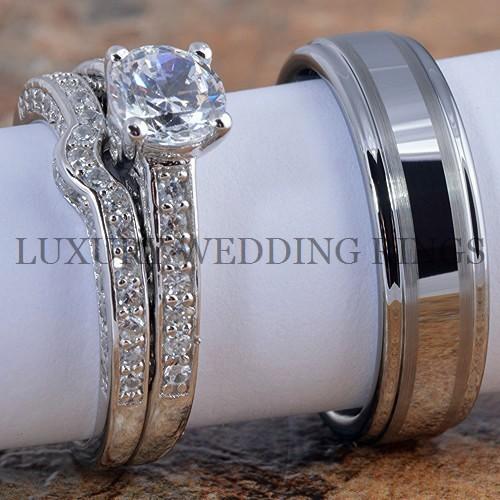 3pcs Women39;s Engagement Wedding Ring Set Mens Tungsten Band Bridal 3pcs Women39;s Engagement Wedding Ring Set Mens Tungsten Band Bridal