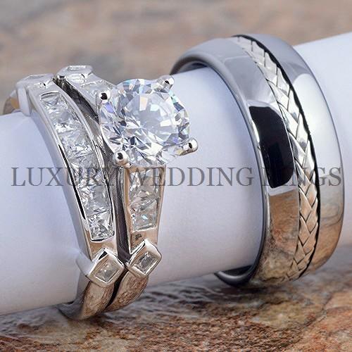 3pcs Women39;s Wedding Engagement Ring Set Tungsten Men39;s Band Silver 3pcs Women39;s Wedding Engagement Ring Set Tungsten Men39;s Band Silver
