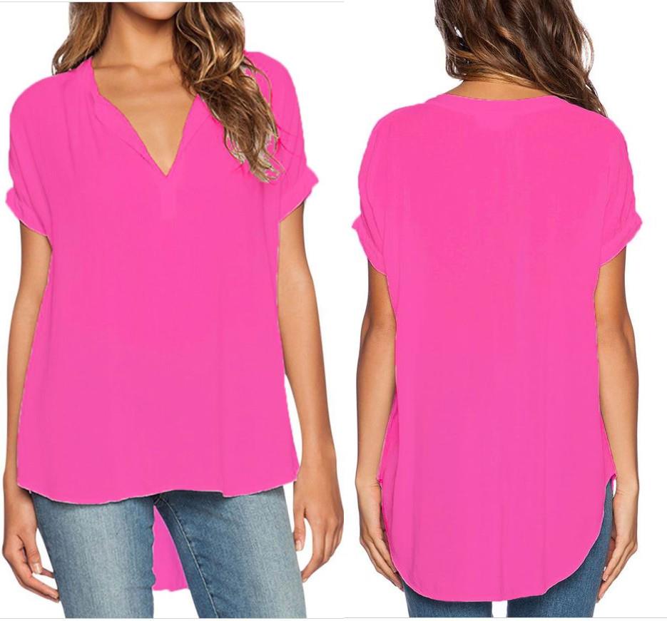 Lady hot pink short sleeve Chiffon irregular tops T Shirt Blouse plus