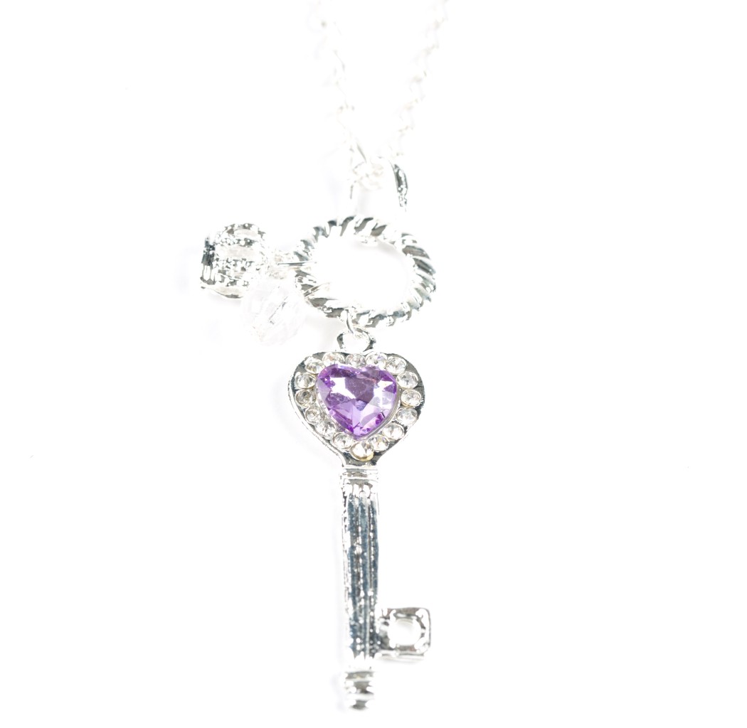 Silver Key Chain Necklace Purple Charm & Seduce Diva Long Love Heart