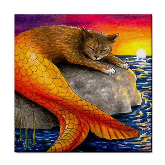 Ceramic Tile Coaster Or Framed Cat Mermaid 30 Ocean Art Ceramic Tile Coaster Or Framed Cat Mermaid