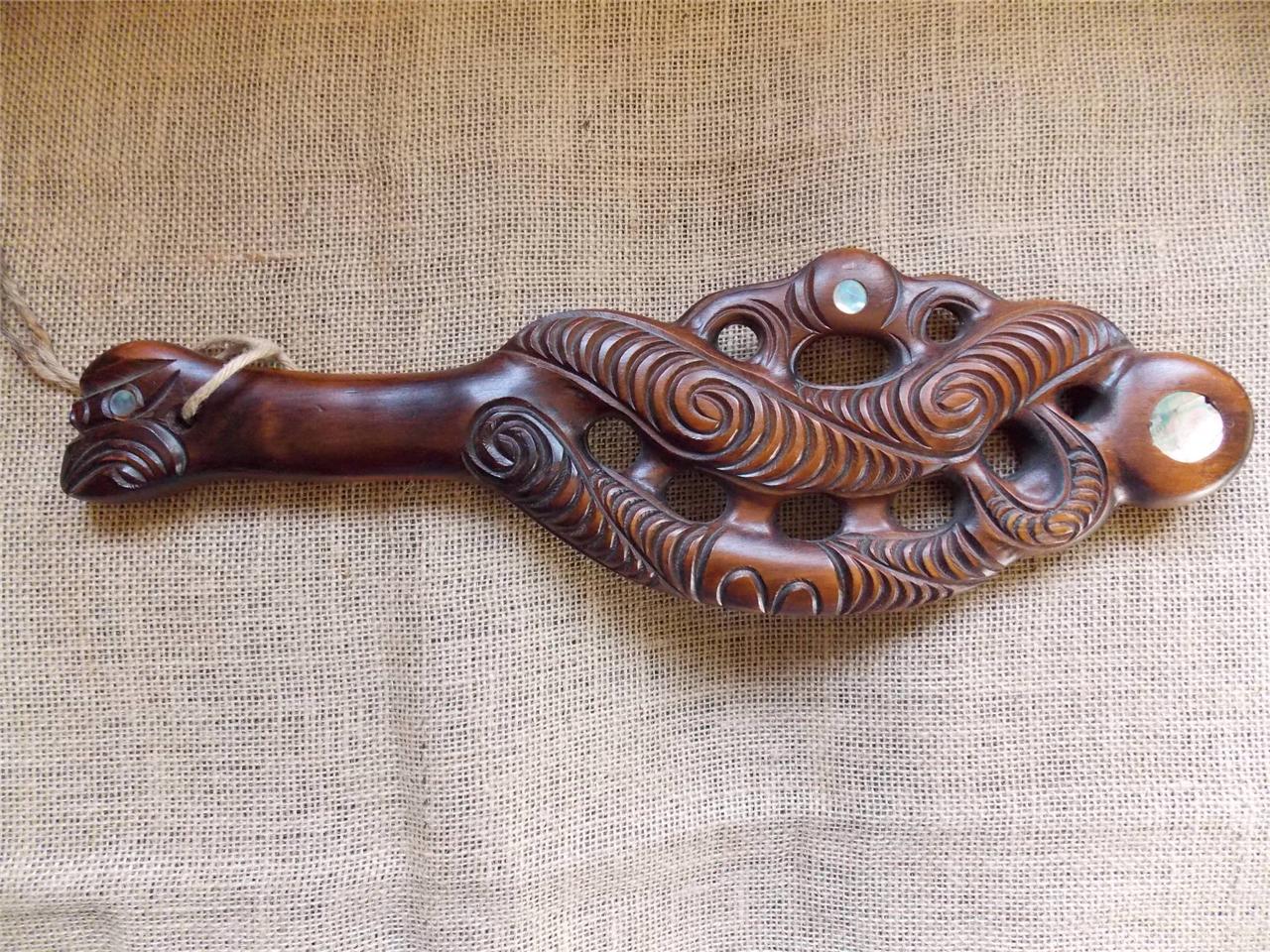 Vintage New Zealand Maori Tiki Wood Carving Patu War Club By Ruihana Of
