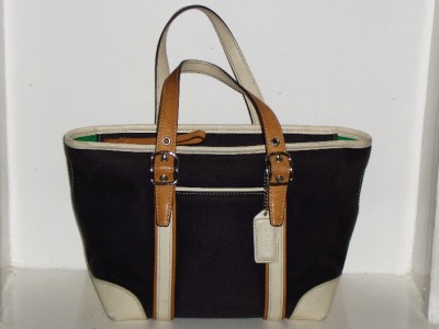 COACH Auth Navy Blue White Canvas & Tan Leather Shopper Tote Handbag Purse #7741 | eBay