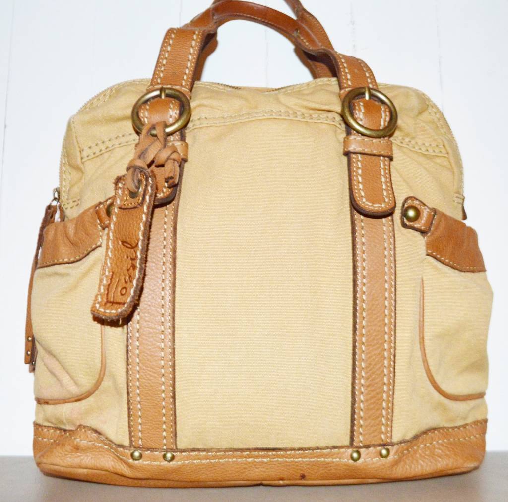FOSSIL Khaki Canvas Brown Leather Domed Satchel Tote Shoulder Bag Handbag ZB2453 | eBay