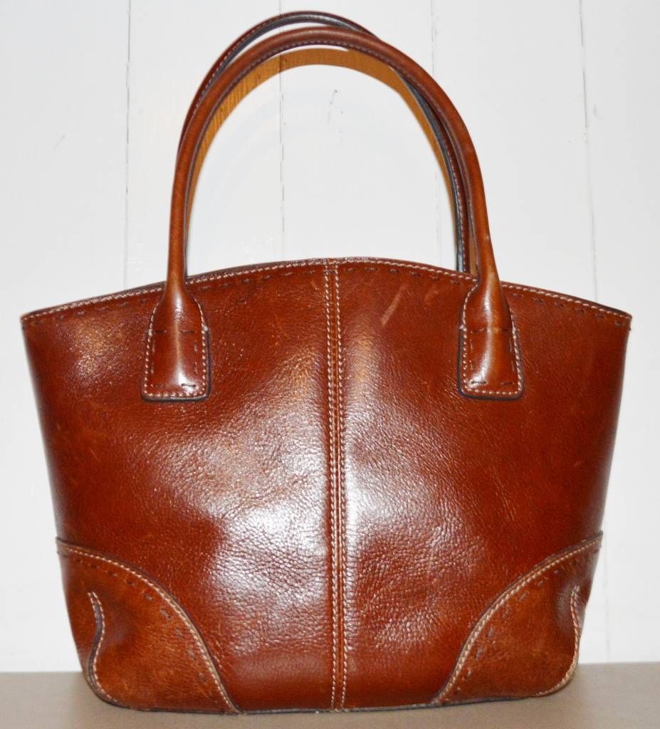 FOSSIL Distressed Whiskey Brown Leather Whipstitch Domed Tote Handbag ZB9018 | eBay