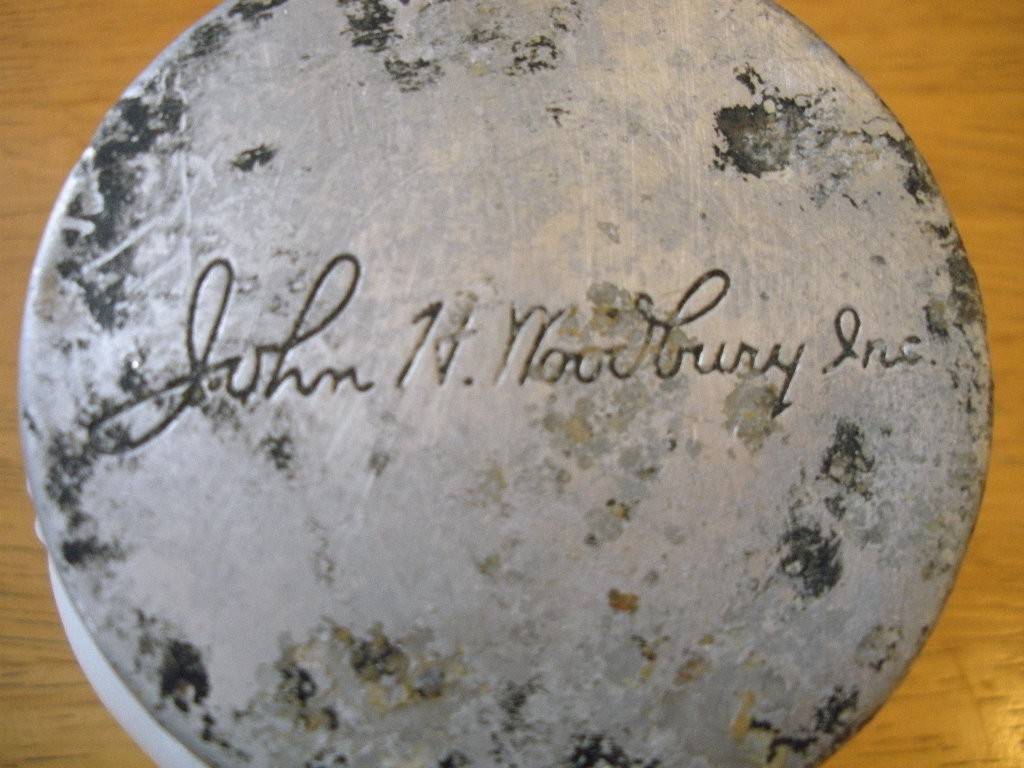 Antique JH Woodbury Co Milk Glass Apothecary Bottle Jar Patina Writing