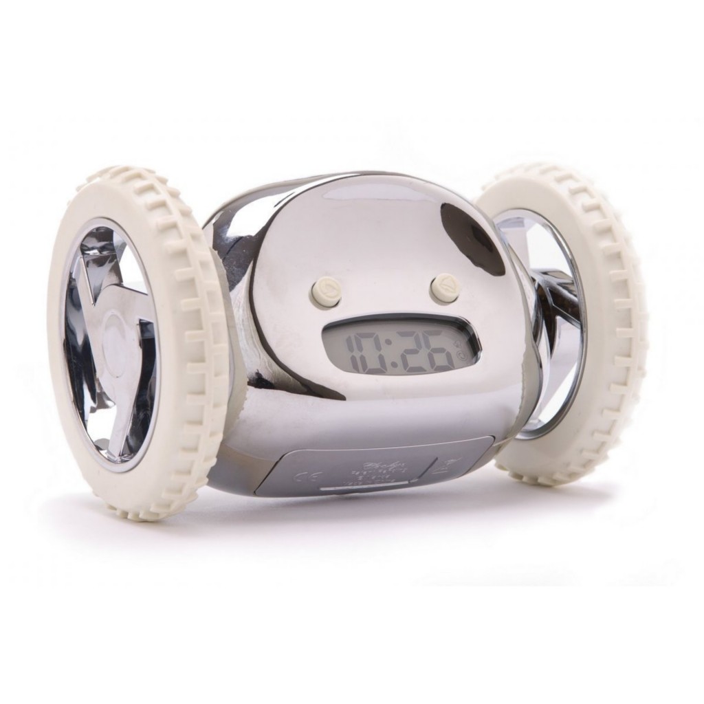 Clocky Alarm Clock on Wheels Runaway Clock Black Aqua or Chrome by
