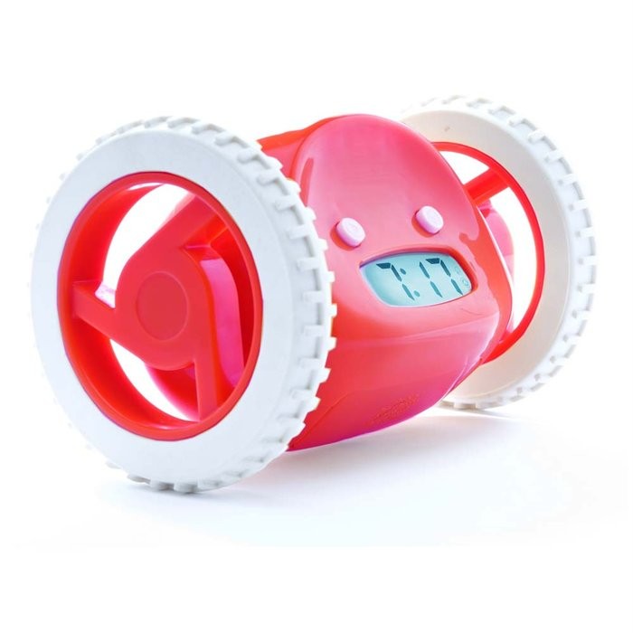 Clocky Alarm Clock on Wheels Runaway Clock Red Raspberry Pink Blue by