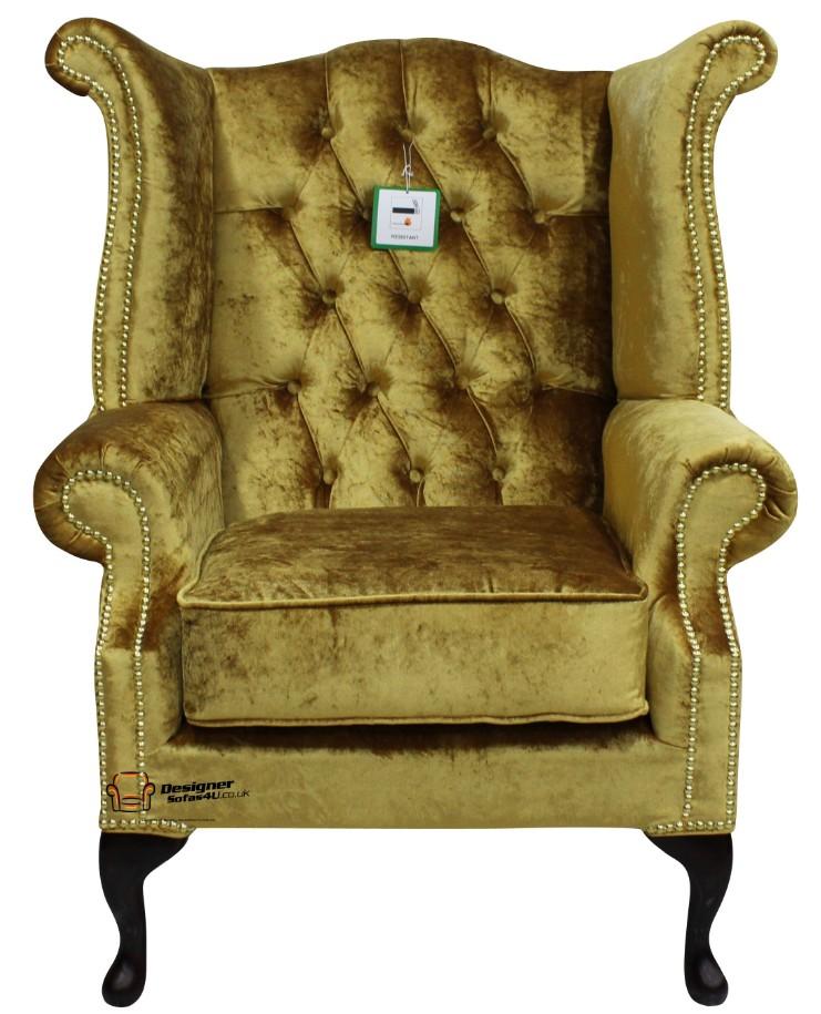 Chesterfield Armchair Queen Anne High Back Wing Chair Boutique Gold