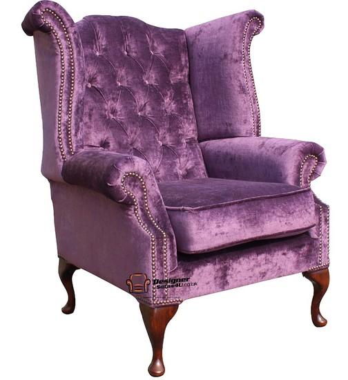 Chesterfield Queen Anne High Back Wing Chair Elegance Aubergine/Purple