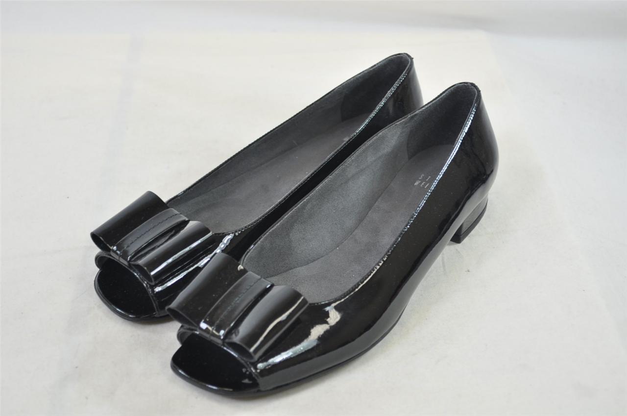 black leather peep toe flats