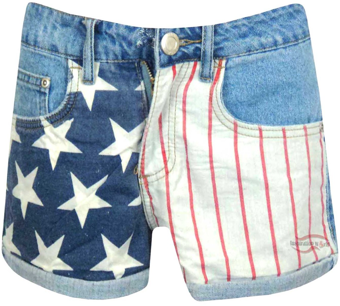 Ladies USA American FLAG DENIM CASUAL Jeans Womens HOT PANT High Waist