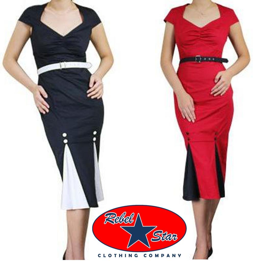 Kick Pleats Vintage Pencil Pin Up Dress Rockabilly 50s 60s Retro Tattoo