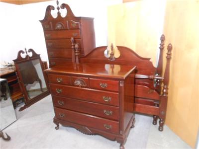1930s Solid Mahogany Bedroom Set High Boy Low Chest Bed