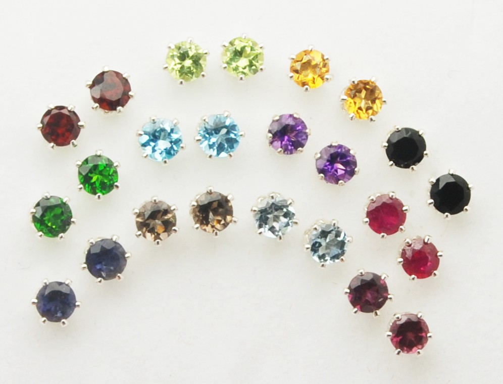 Genuine Gemstone / Birthstone 4mm Round Earrings - Sterling Silver | eBay