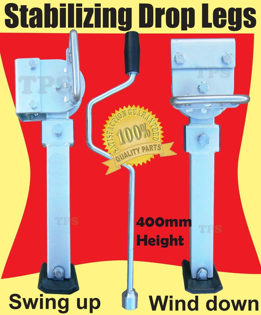 CORNER STABILIZER DROP DOWN LEGS (PAIR) & HANDLE. 400mm CARAVAN CAMPER
