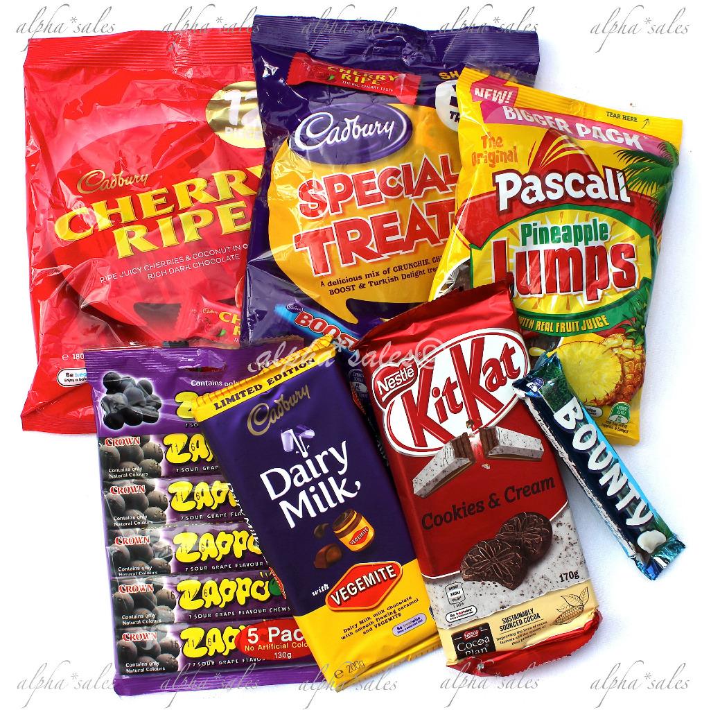 Aussie lollie candy Cadbury pack vegemite chocolate cherry ripe