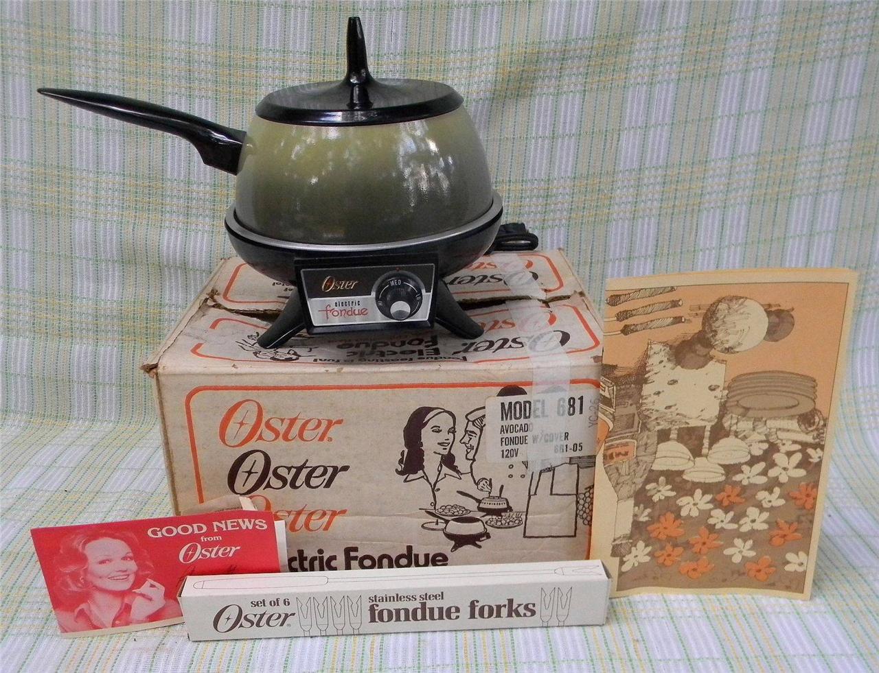 Vintage 70s OSTER Avocado Green Electric Fondue Pot Set w/ Booklet