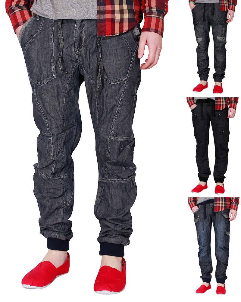 Mens 55 Soul Cuffed Jeans Twisted Leg Drop Crotch Slim Elastic Hem