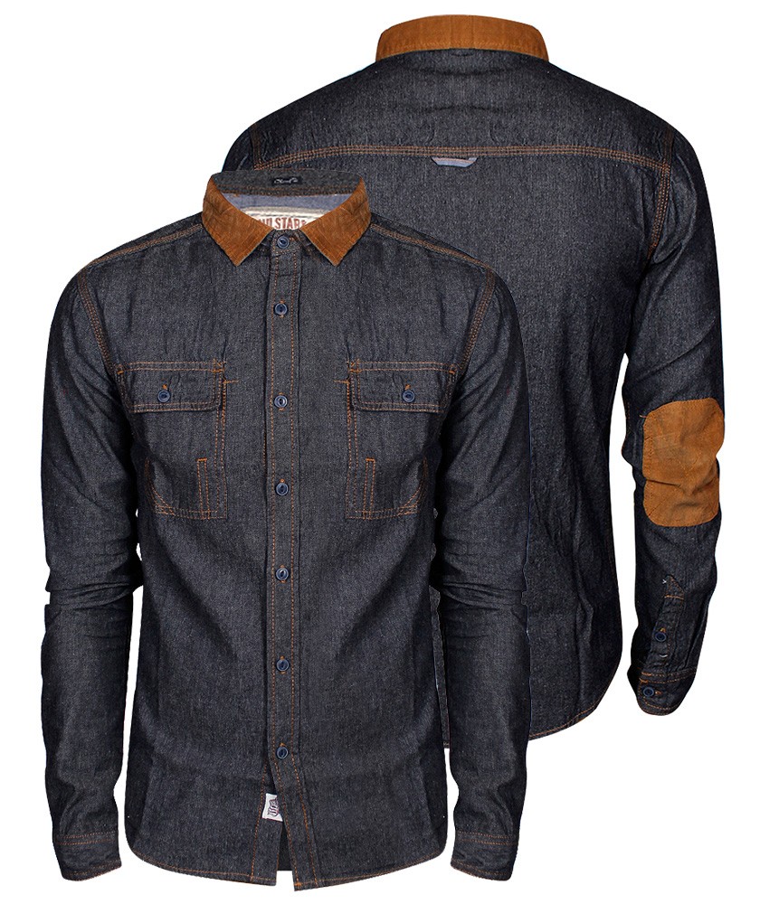 New Mens Slim Fit Denim Shirt Corduroy Collar Elbow Patches Button Up