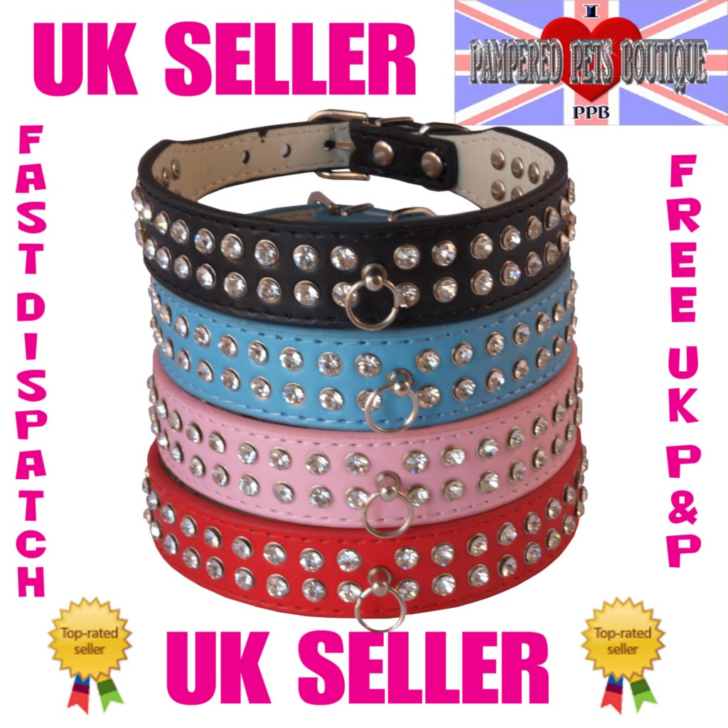 New Rhinestone Dog Collar Leather Diamante Collars Bling PINK BLUE