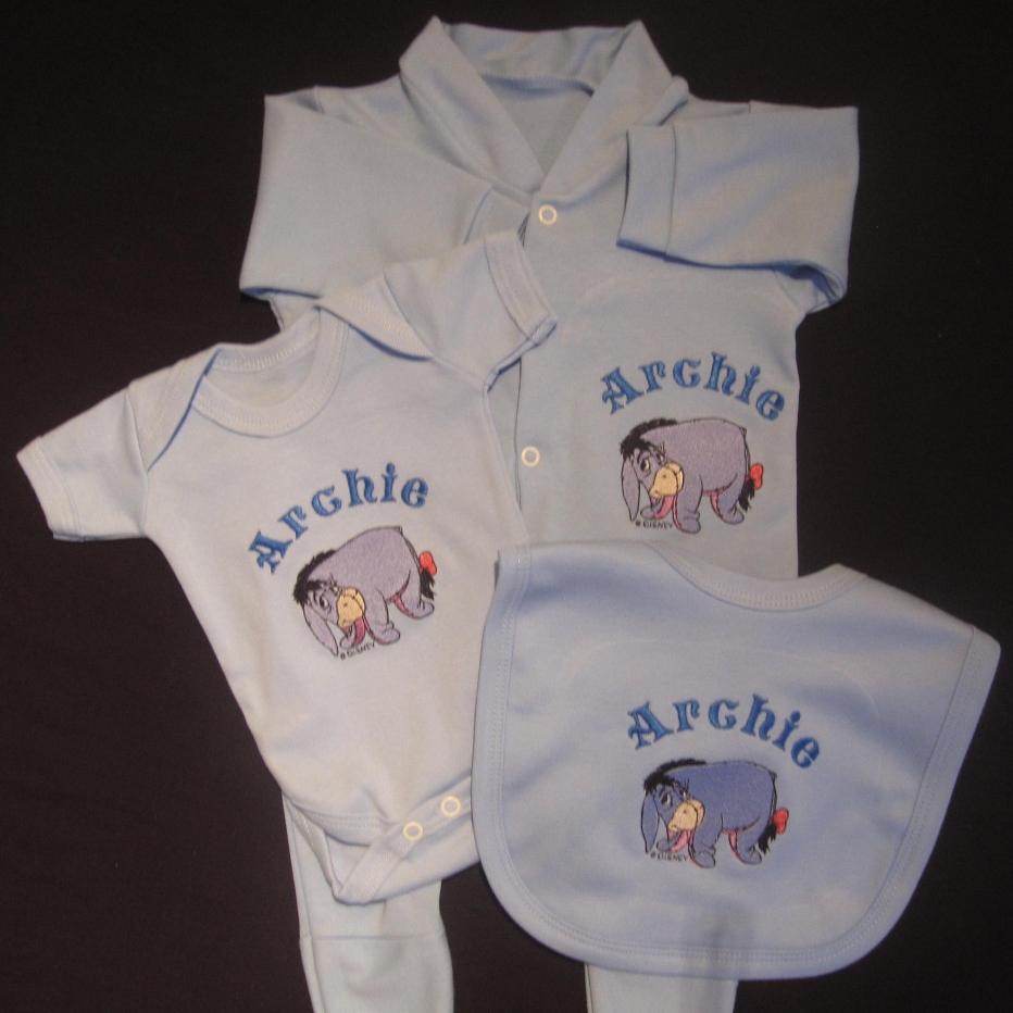 embroidered baby gift set grow / vest / bib blue pink white boy