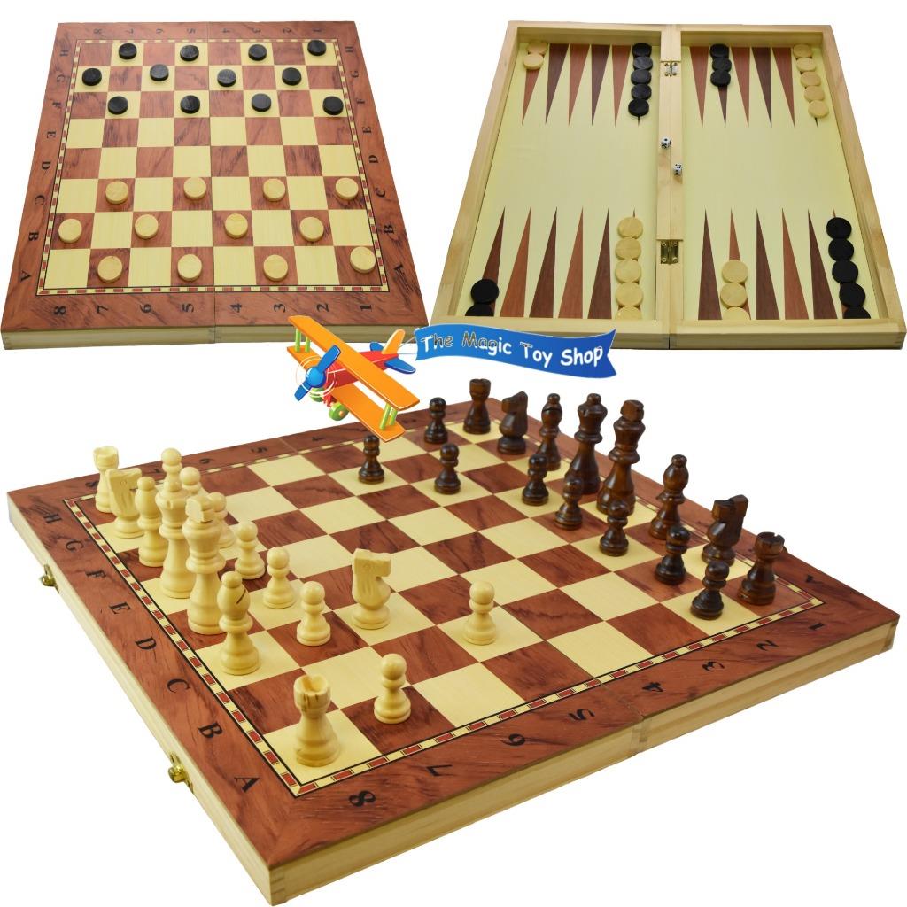 Large 3 in 1 Wooden Board Game Set Travel Games Play Chess Backgammon