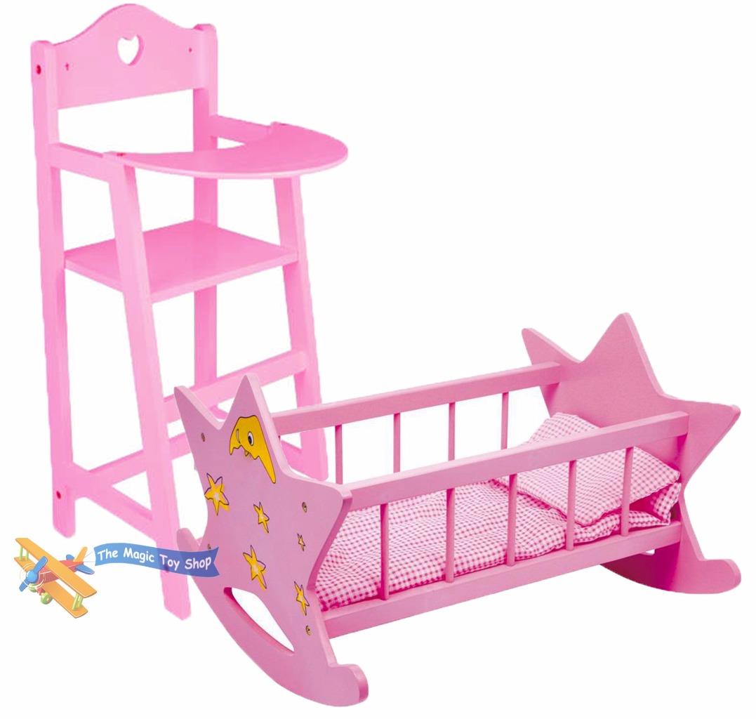 Set Of Dolls Wooden Pink Star Rocking Cradle With Bedding And High Chair
