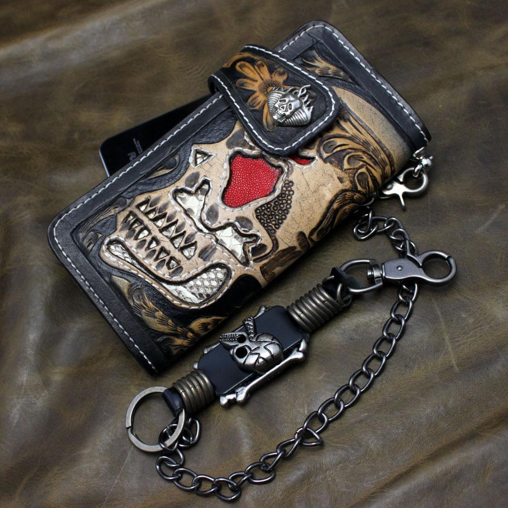 Black carved real leather handmade tattoo skull biker mens long wallet w/t chain | eBay