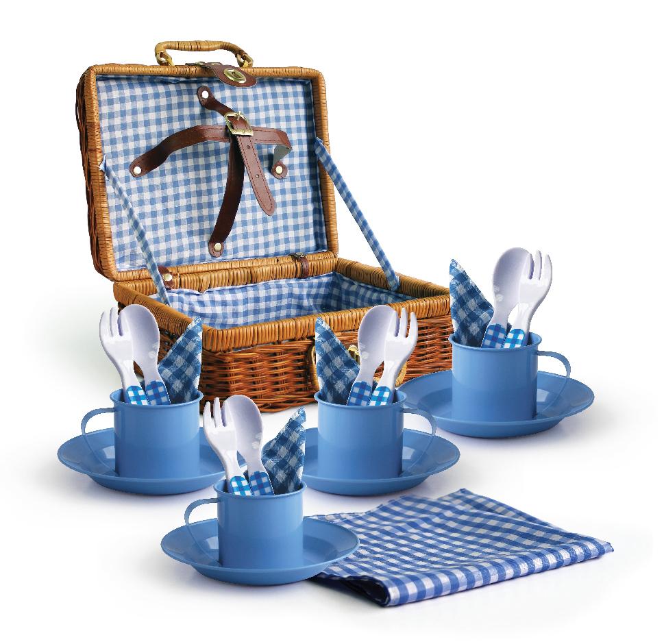 NEW Childrens Blue Enamel Picnic Tea Set Wicker Case 21pc eBay